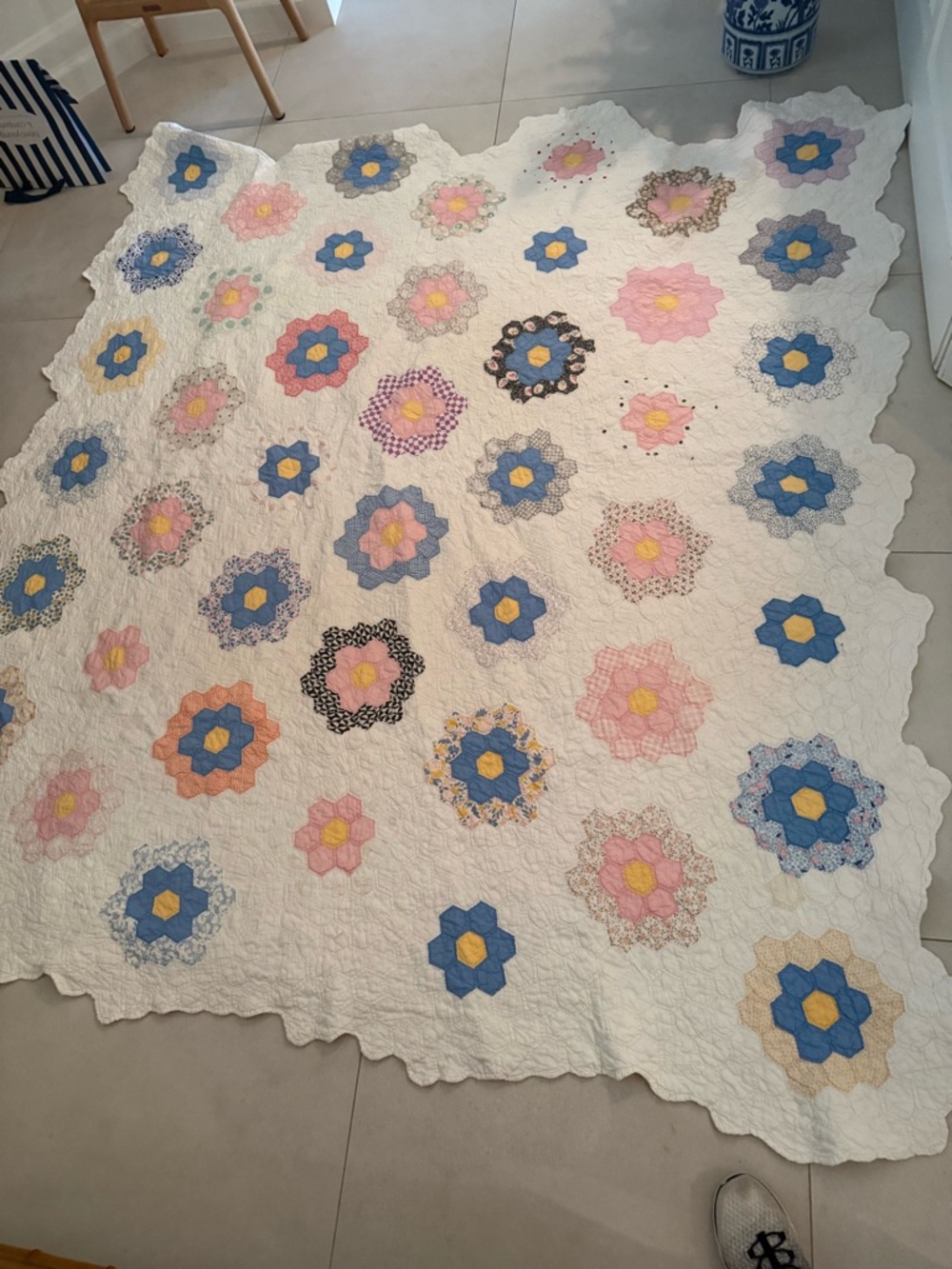 Handmade Grandma’s Flower Garden Patchwork Quilt with Blue and Pink Accents